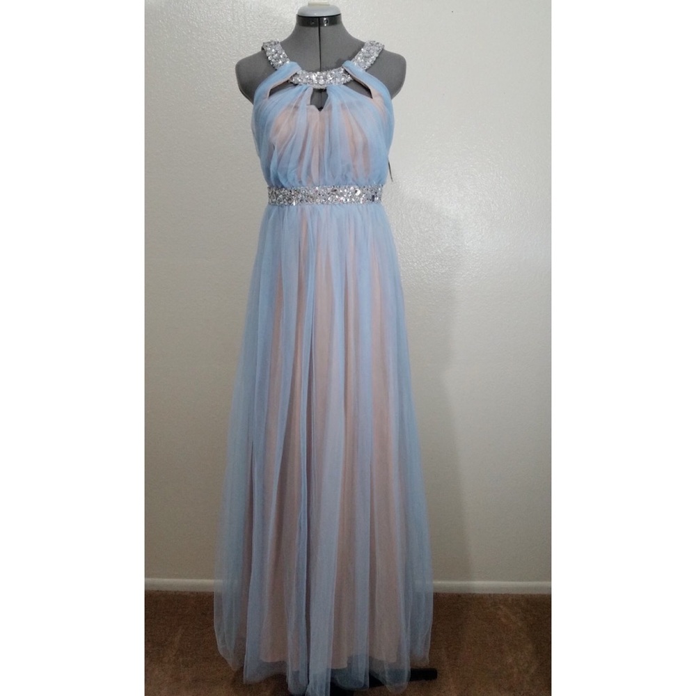 Light pink and blue embellished prom dress